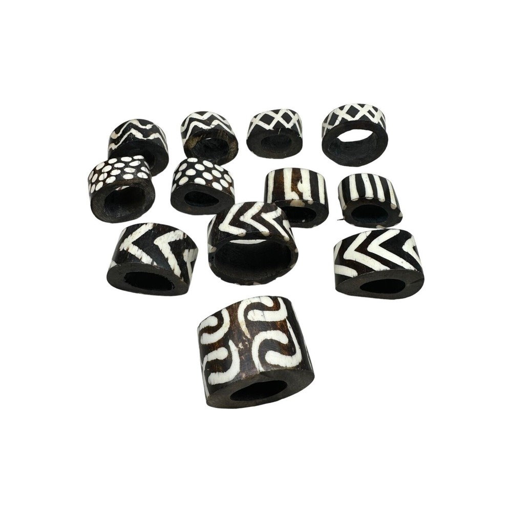 Set Of 12 African Batik Bone Tribal Boho Napkin Rings Hand Painted Heavy